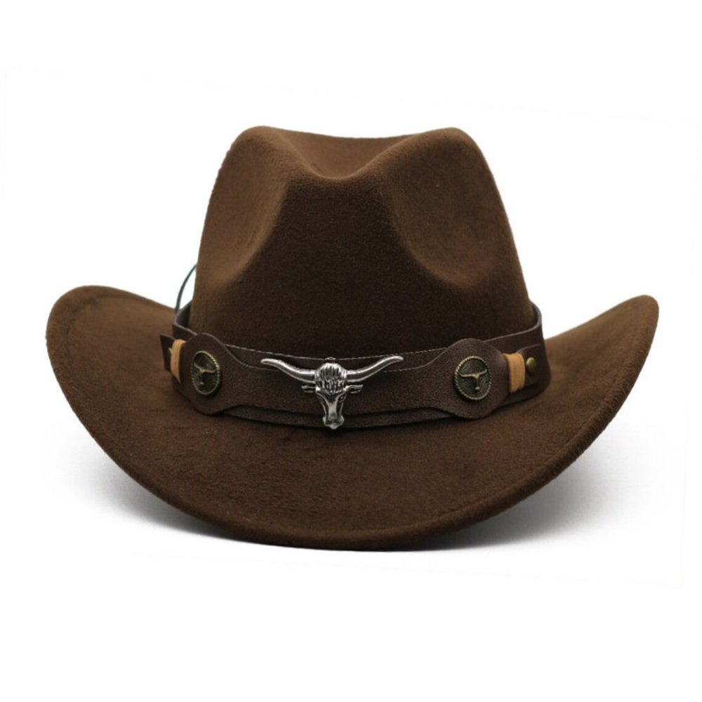 Brown Western Cowboy,‎ Cowgirl Hat, Bull Horns Strap, Men Women Retro Wide Brim